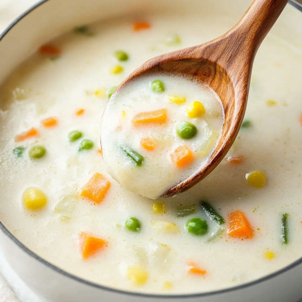 Wooden spoon ladle lifting a serving of creamy soup with corn, carrots and green beans.