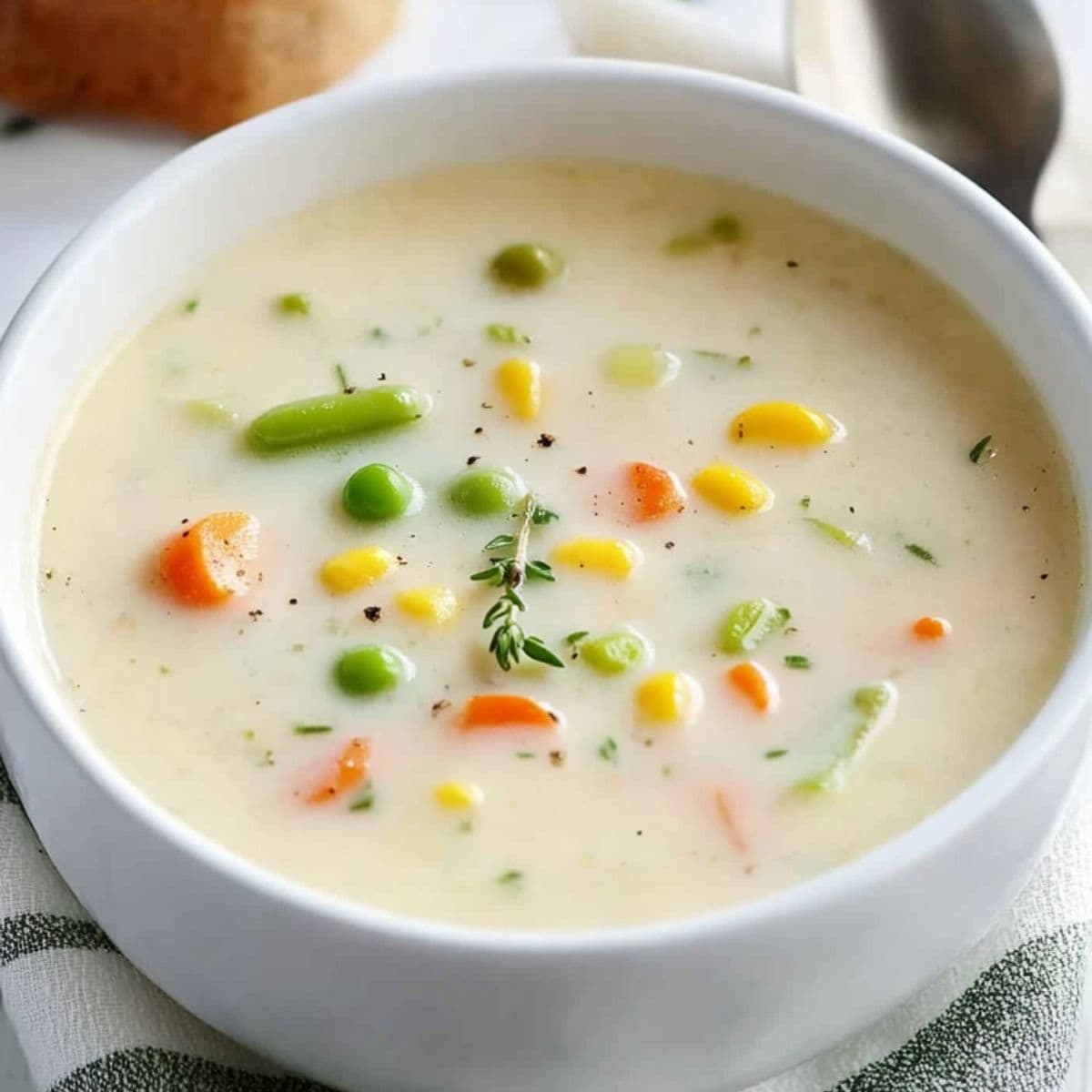 White bowl with a serving of stampede soup with mixed vegies in creamy broth.