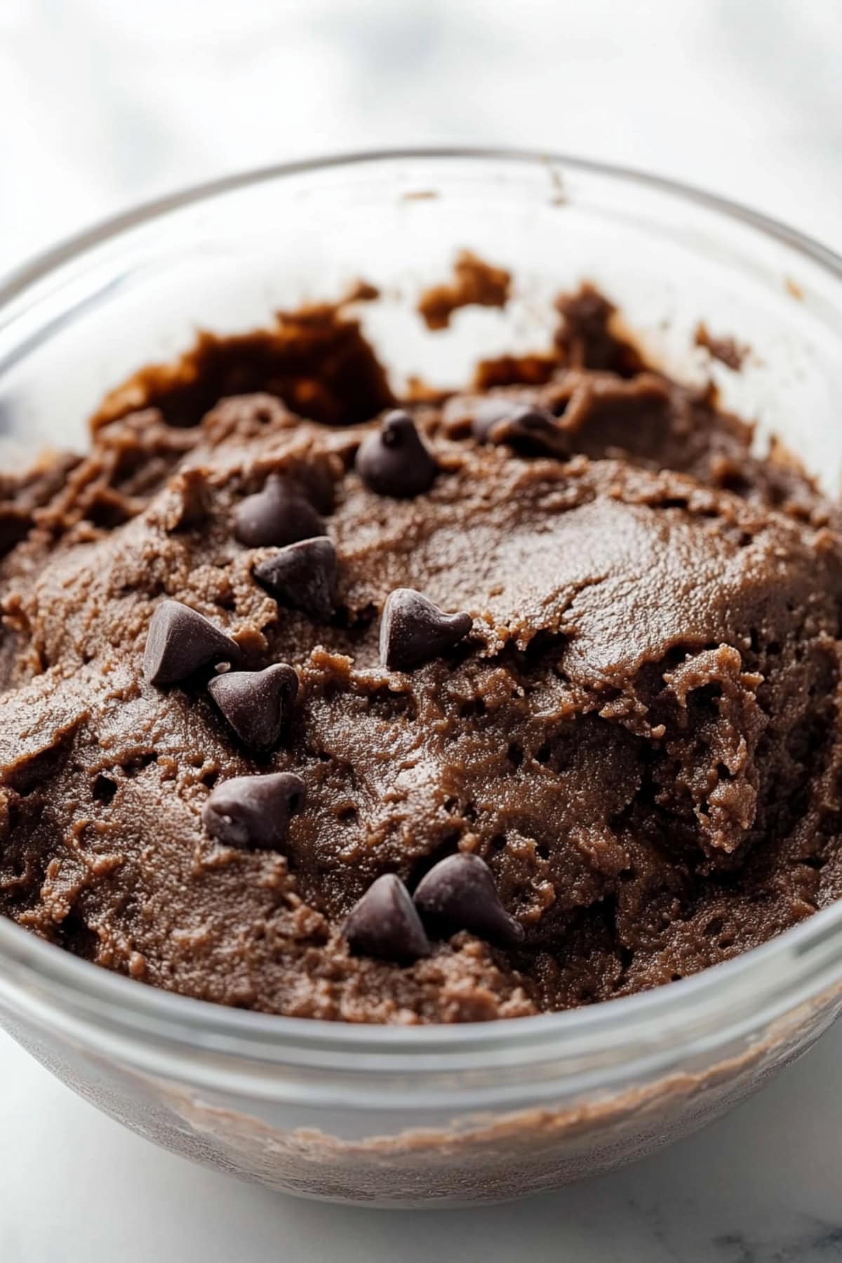 A glass bowl of edible brownie batter with chocolate chips.