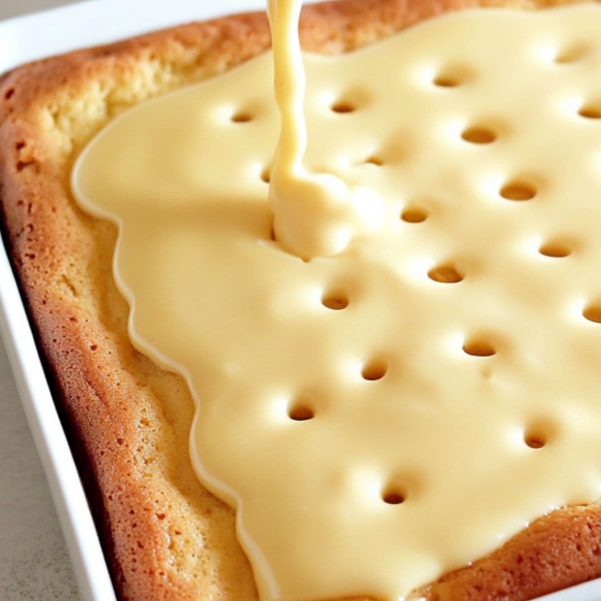 Eggnog pudding poured over cake with poke holes bake in a casserole dish.