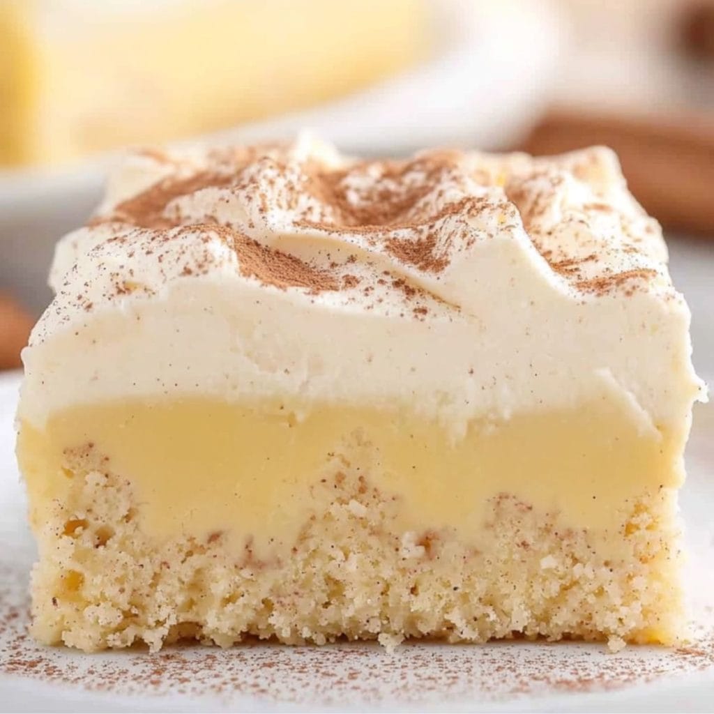 Eggnog poke cake slice dusted with nutmeg on top served in a white plate.