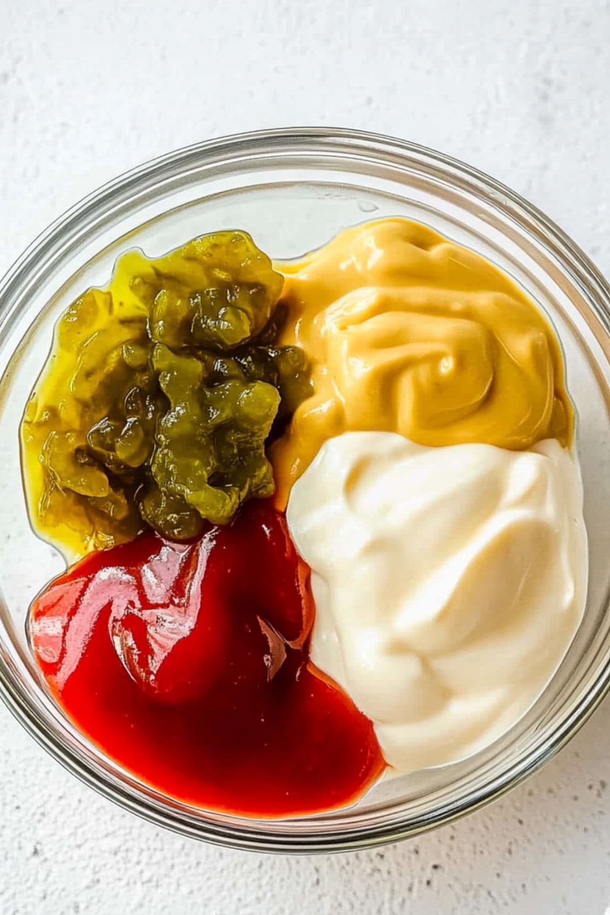 Ketchup, mustard, pickles and mayonnaise in a glass bowl.