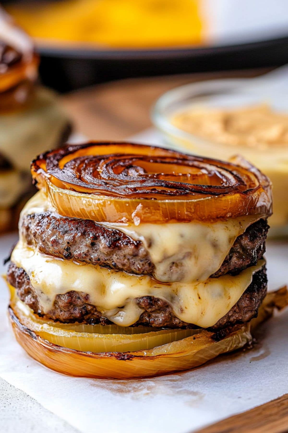 Two layered patty and cheese stacked on top of each other in between two caramelized onion rounds.