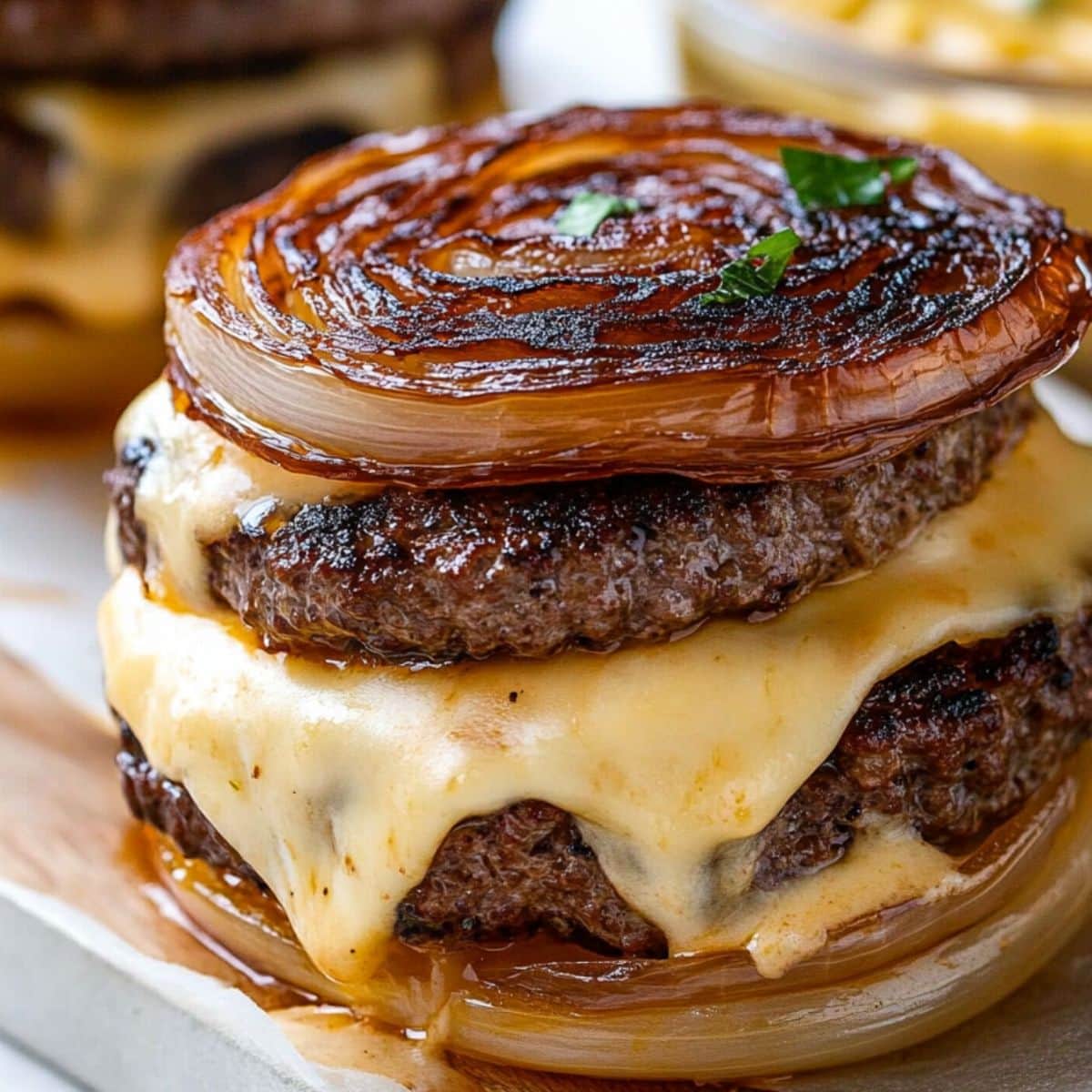 Flying Dutchman burger made with caramelized onion rounds with thick patty and cheese layers filling sitting on a wooden board.