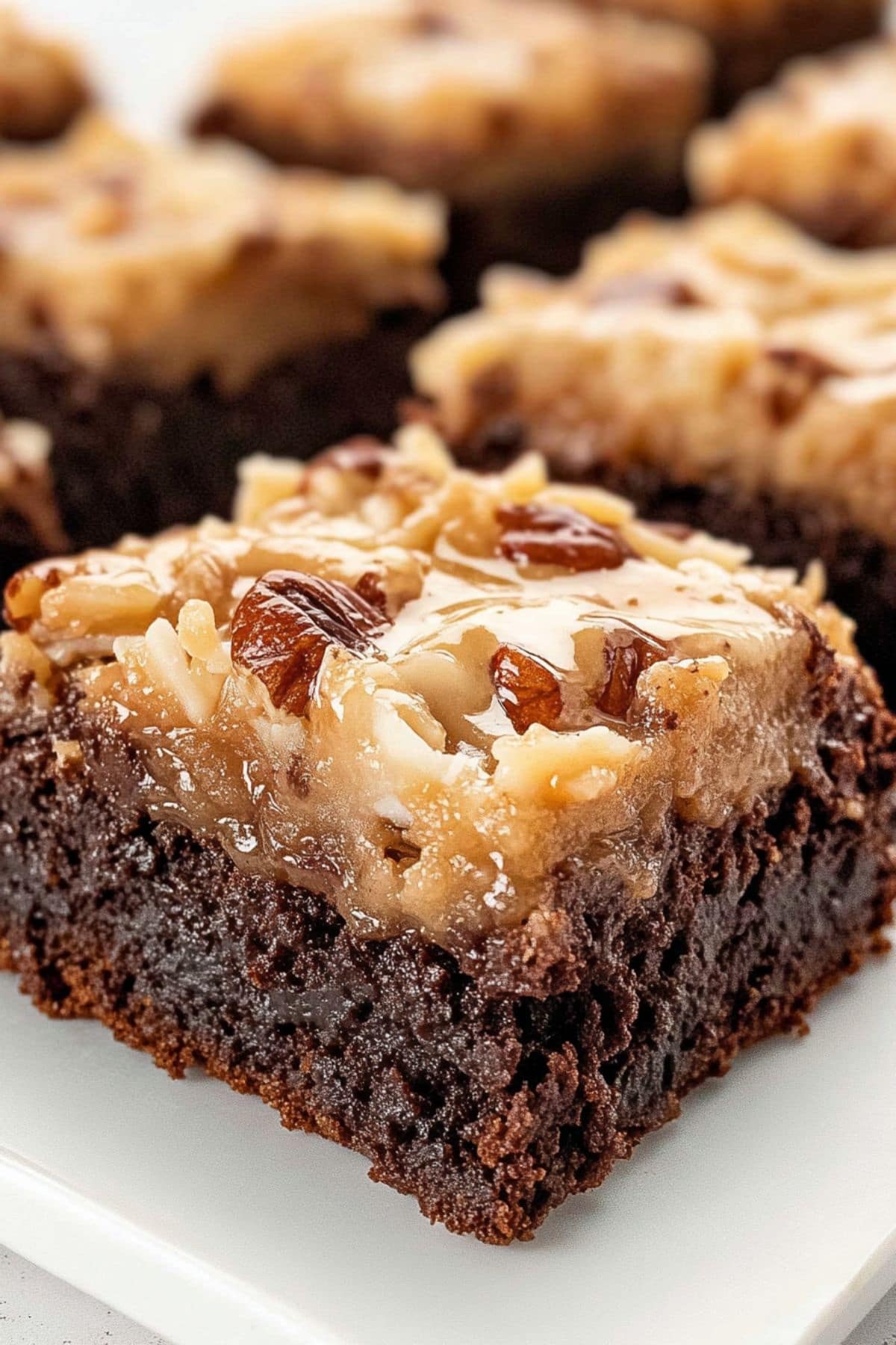 Close up of a slice of fudgy and moist brownie topped with layer of caramelized shredded coconut and pecans