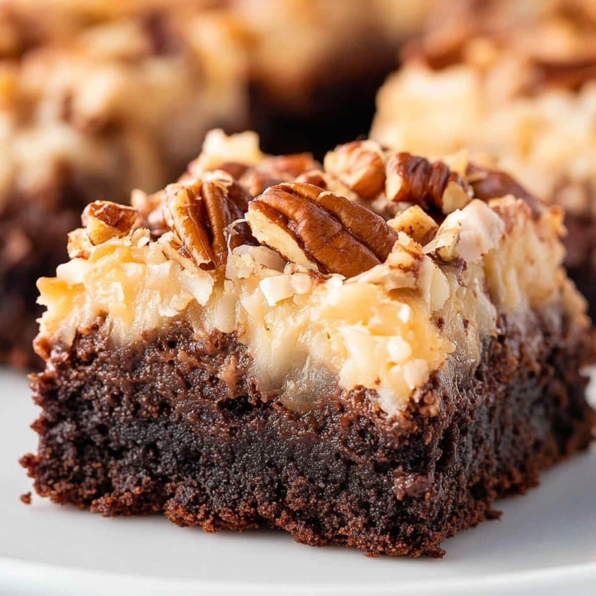 Square serving of German chocolate brownie on a white plate.