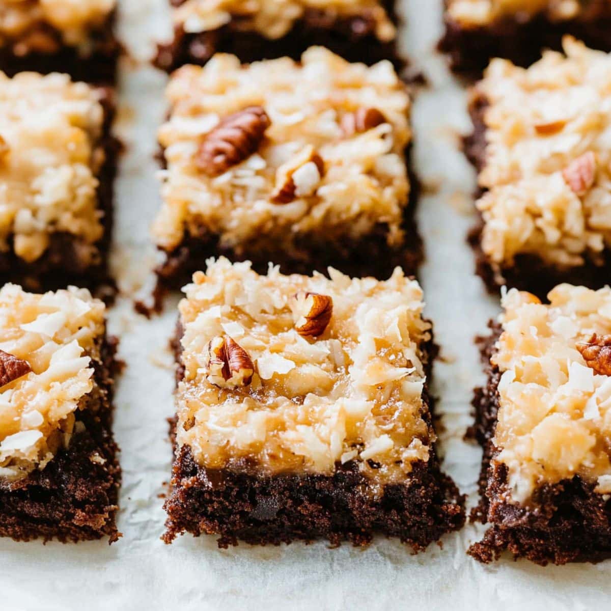 German chocolate brownies arranged in a row on top of parchment paper. 