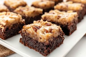 Square slices of German chocolate brownies in a white plate.