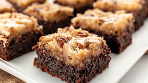 Square slices of German chocolate brownies in a white plate.