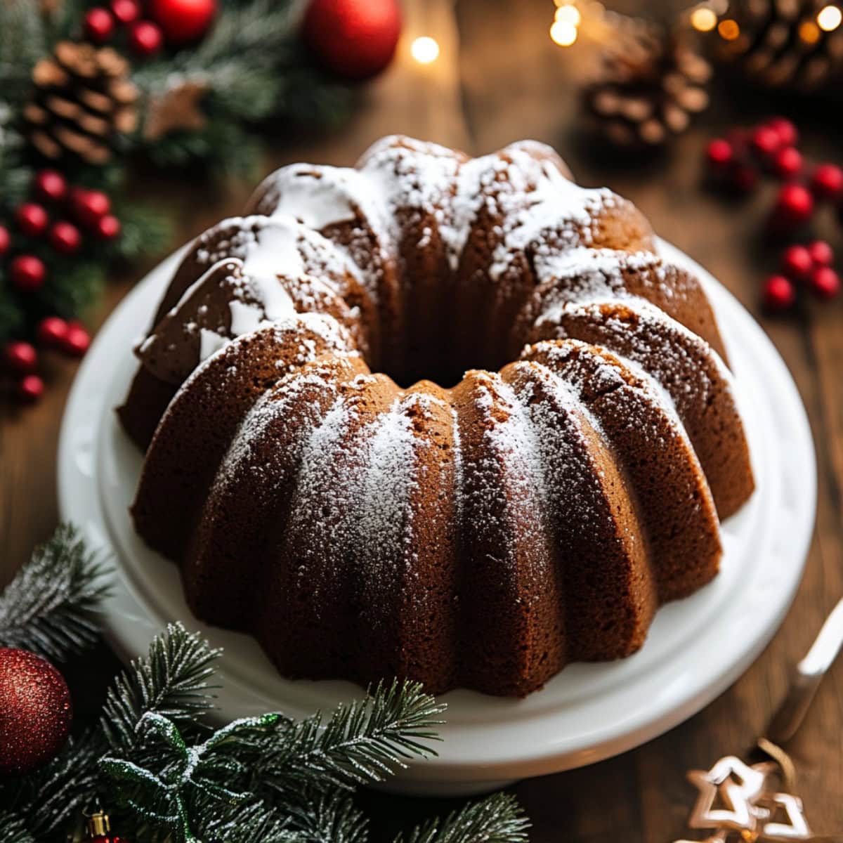 Gingerbread bundt cake dusted with powdered sugar on a white cake stand