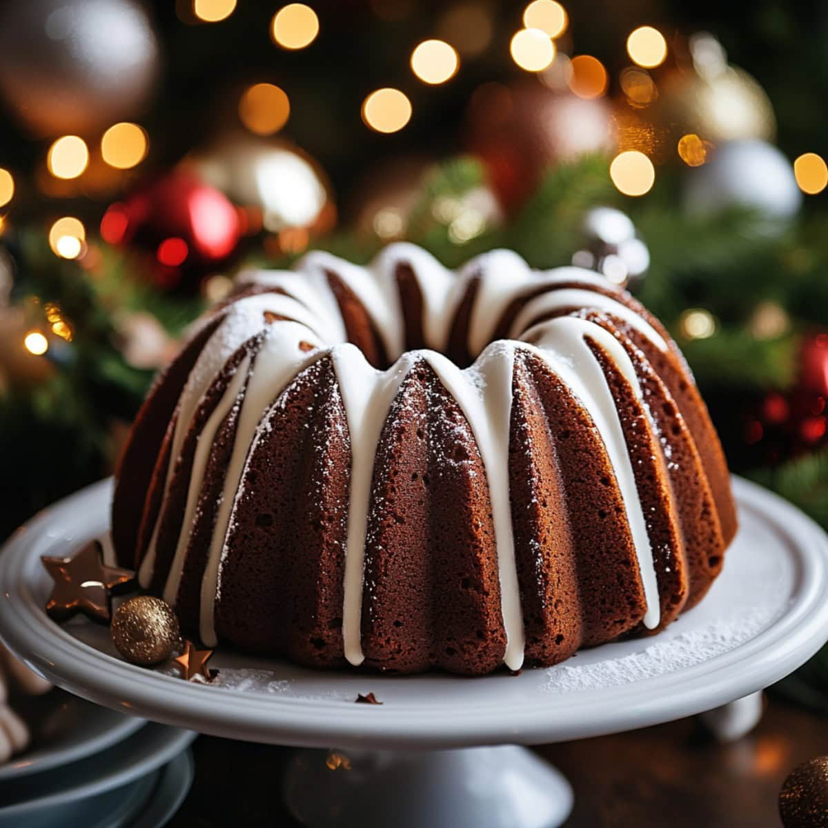 Gingerbread bundt cake with sweet maple glaze on a cake stand