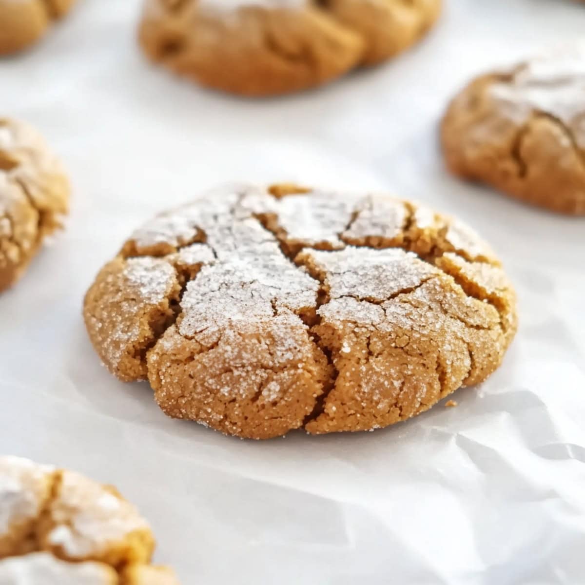 Freshly baked gingerbread cookies coated in powdered sugar on parchment paper.