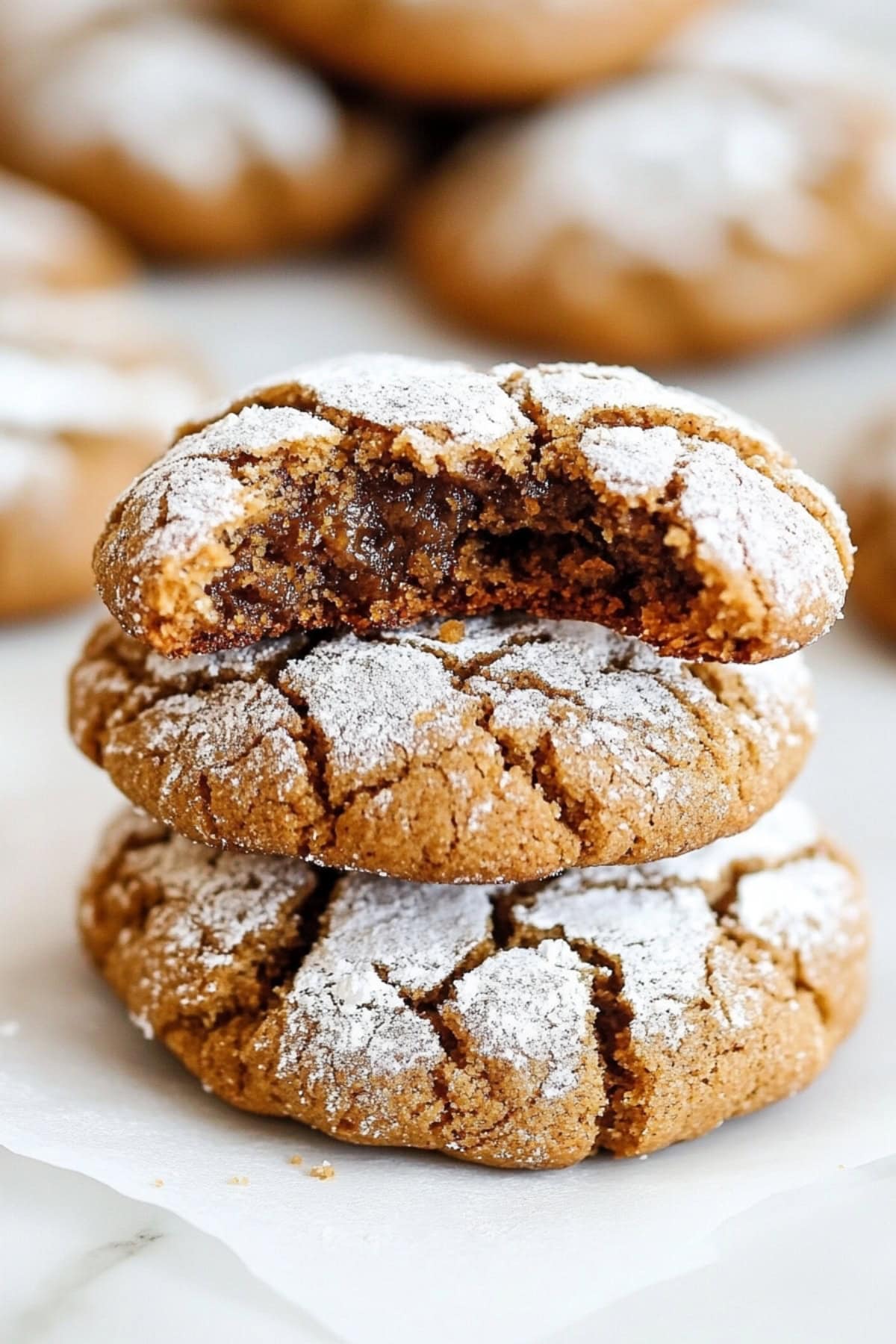 Gingerbread crinkle cookies stacked on parchment paper. The top cookie has a bite removed. Close up.