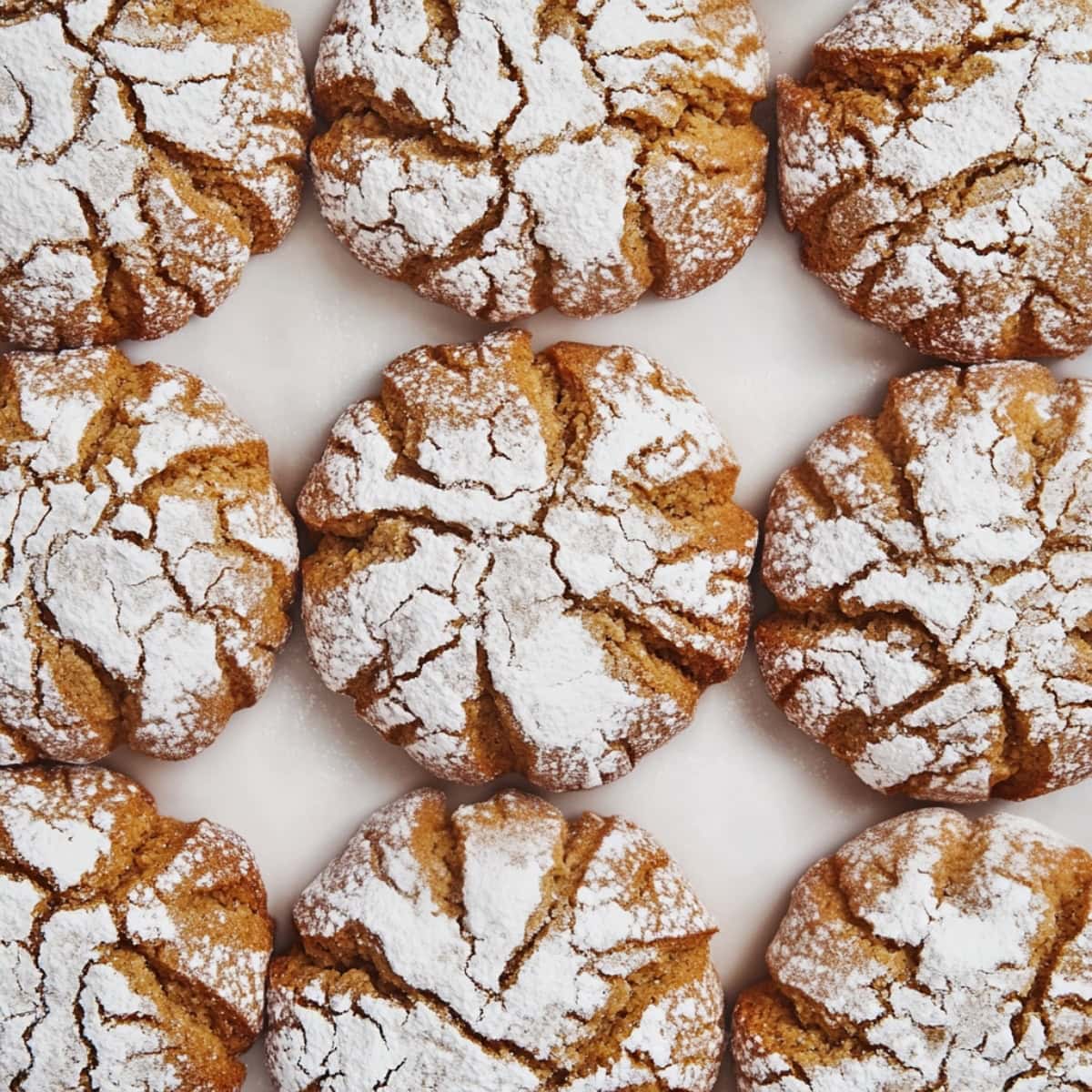 An overhead view of gingerbread crinkle cookies arragned neatly on a white parchment paper.