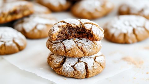 Gingerbread crinkle cookies on a cooling rack, with powdered sugar coating for a festive touch.