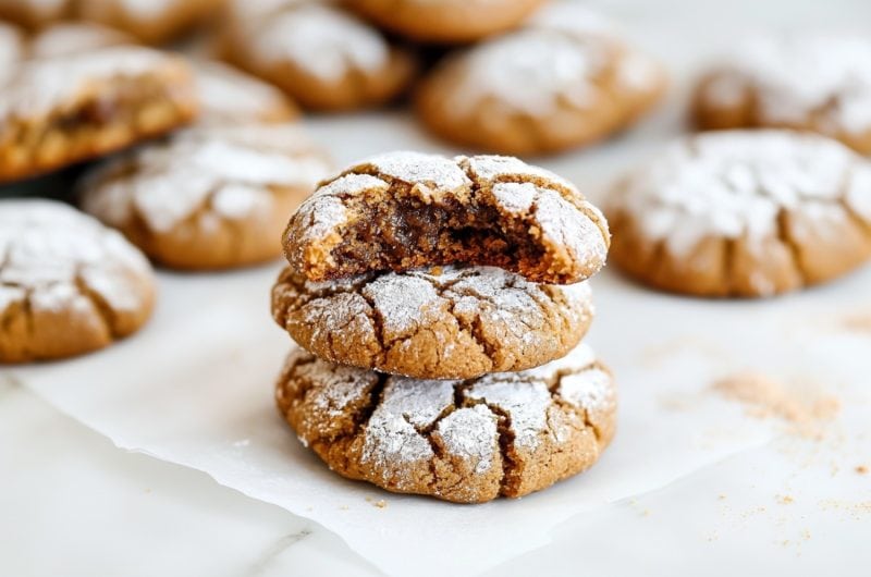 Gingerbread crinkle cookies on a cooling rack, with powdered sugar coating for a festive touch.