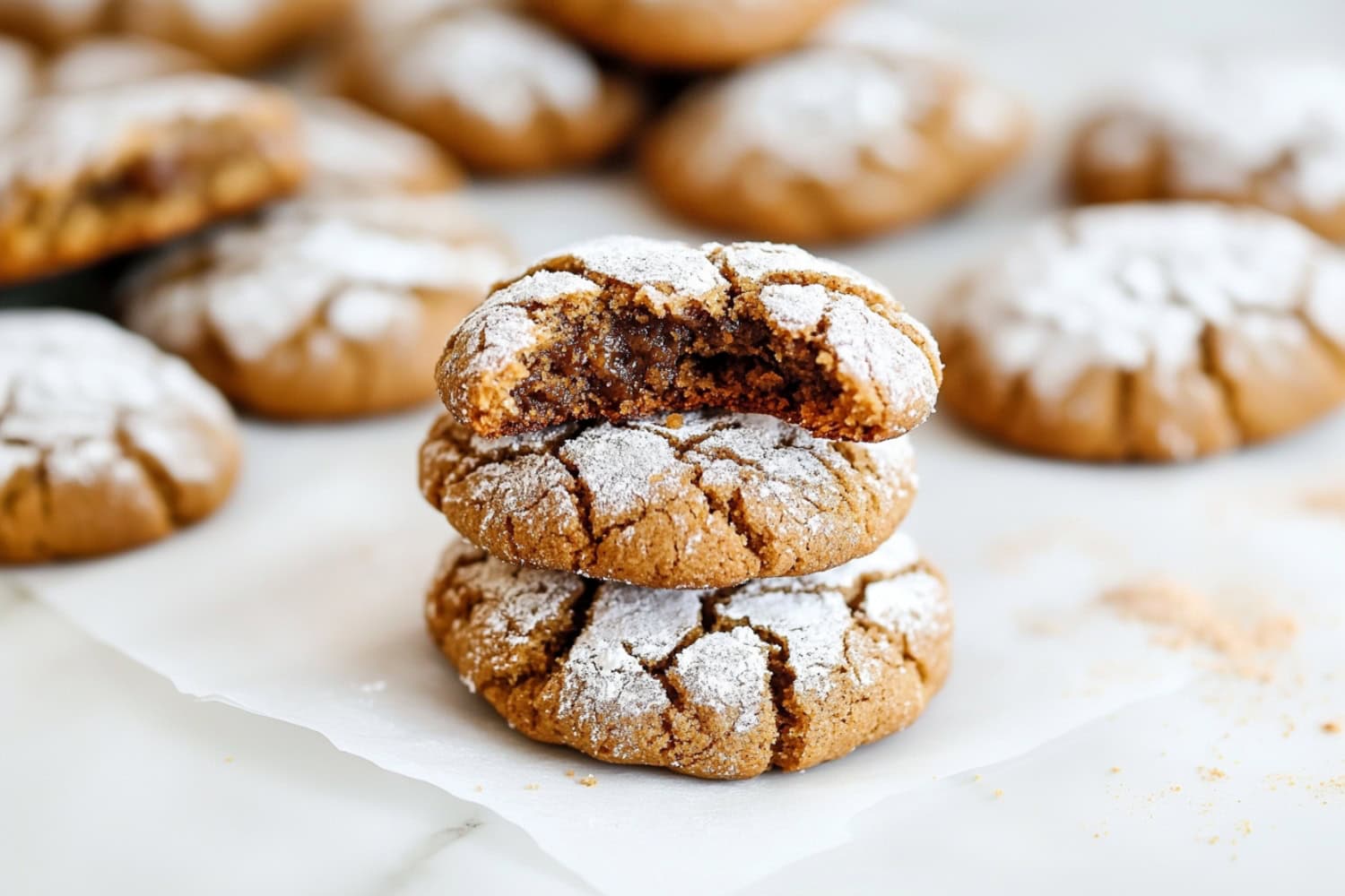 Gingerbread crinkle cookies on a cooling rack, with powdered sugar coating for a festive touch.