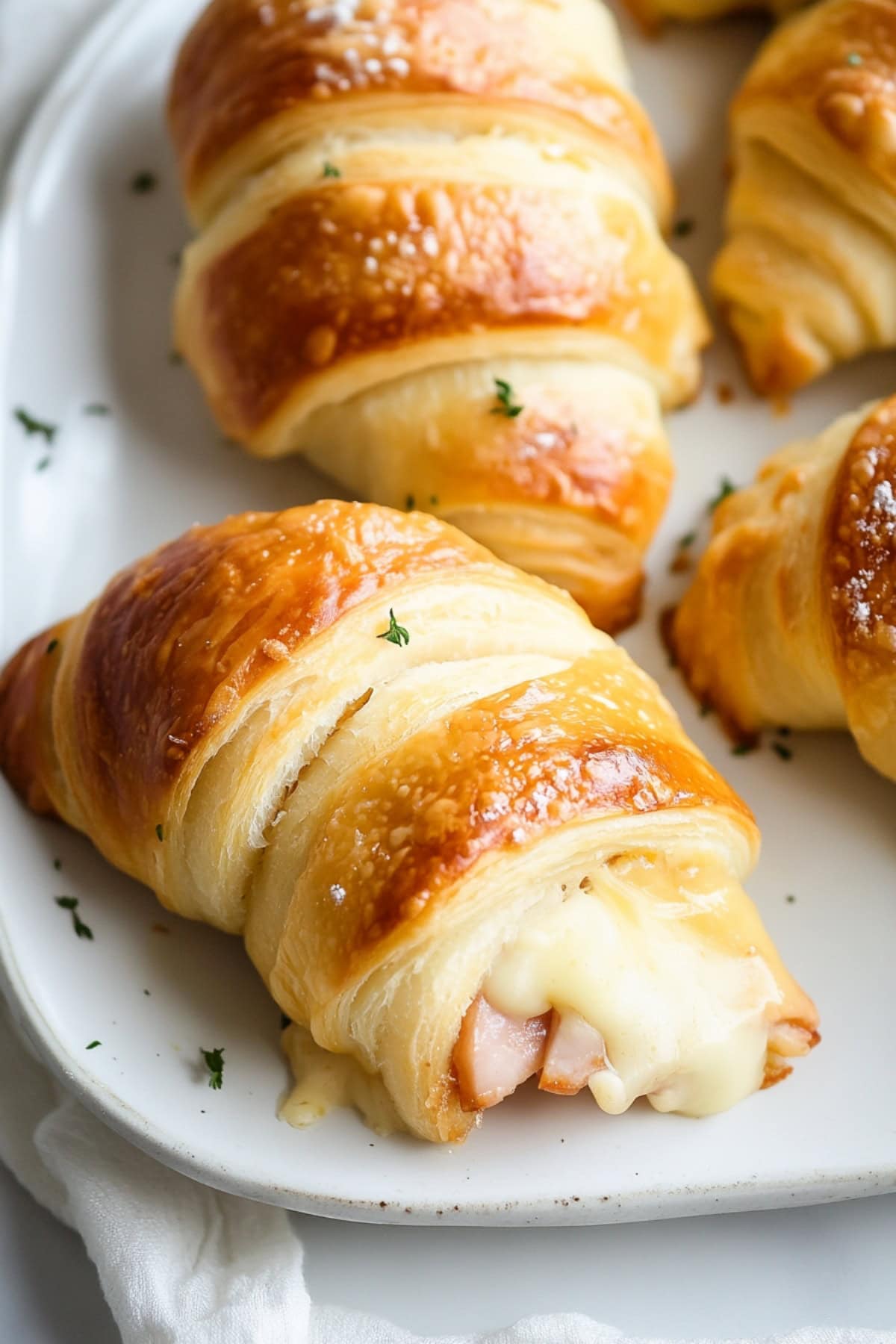 Golden ham and cheese crescent rolls, close up