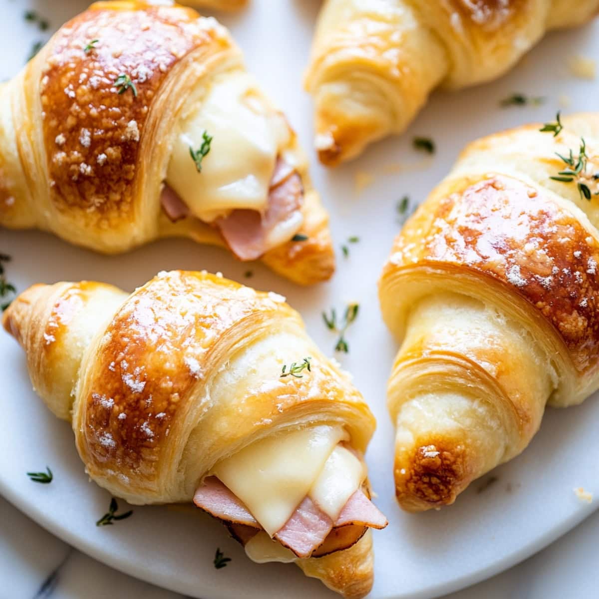 Ham and cheese crescent rolls on a plate, top view