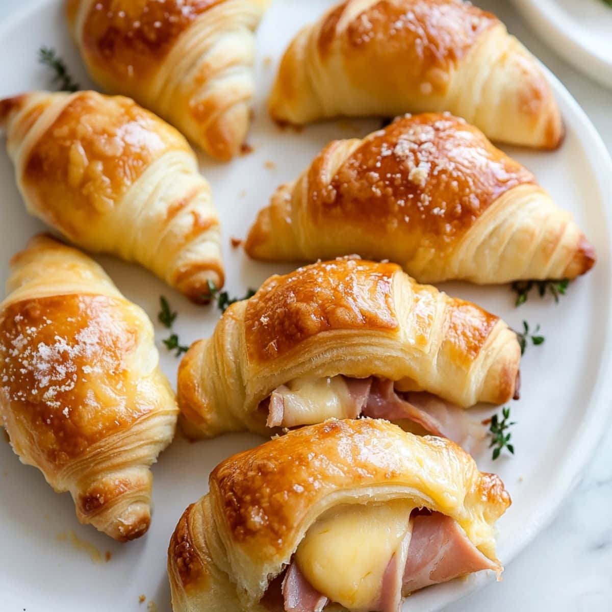 Ham and cheese crescent rolls on a plate with herbs