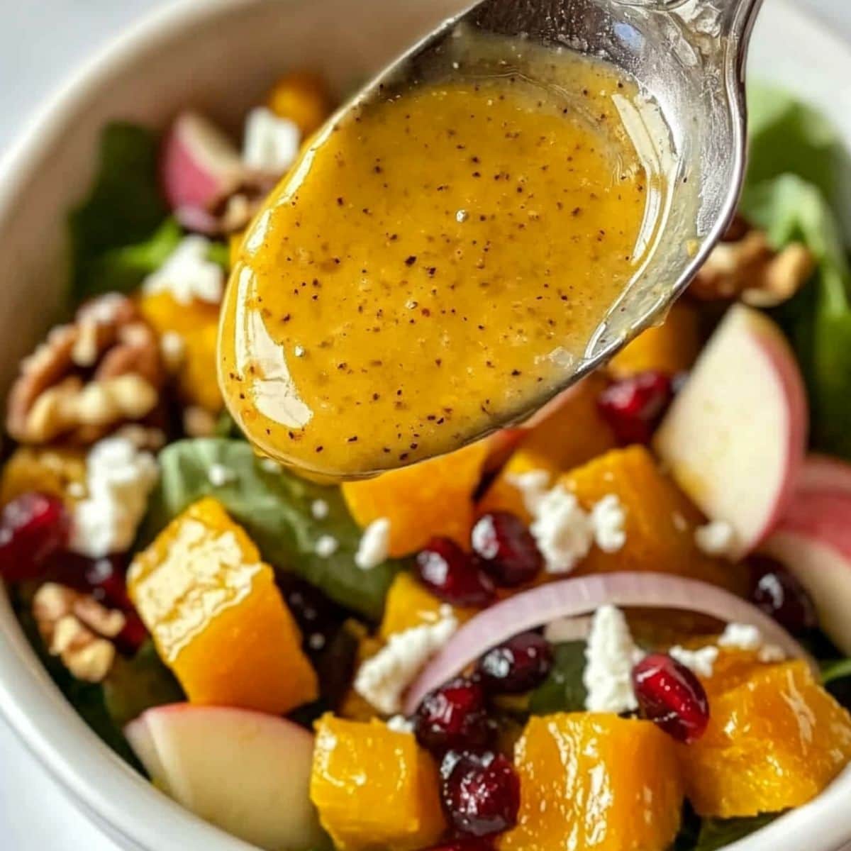 Honey mustard dressing on a spoon drizzled over fall harvest salad in a white bowl.