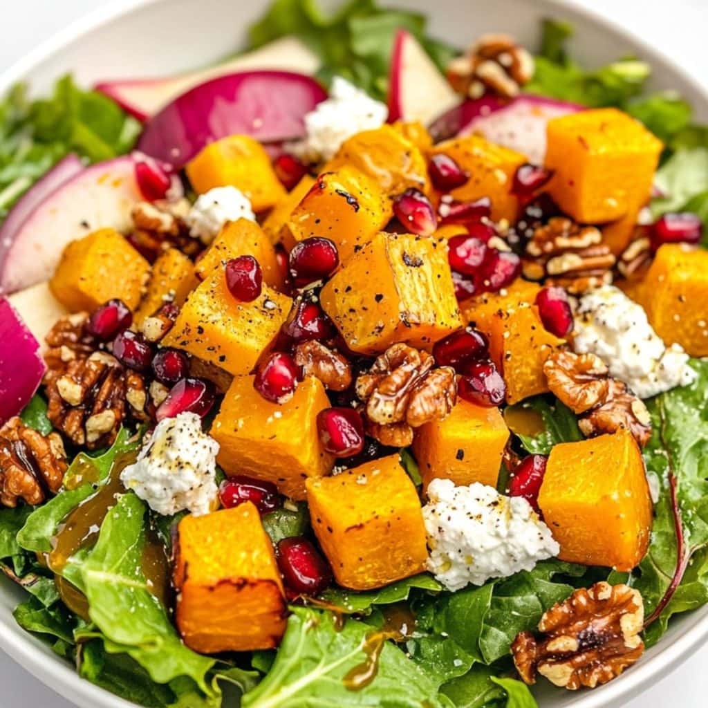 Closeup of fall harvest salad with honey mustard dressing and crumbled goat cheese in a white bowl.