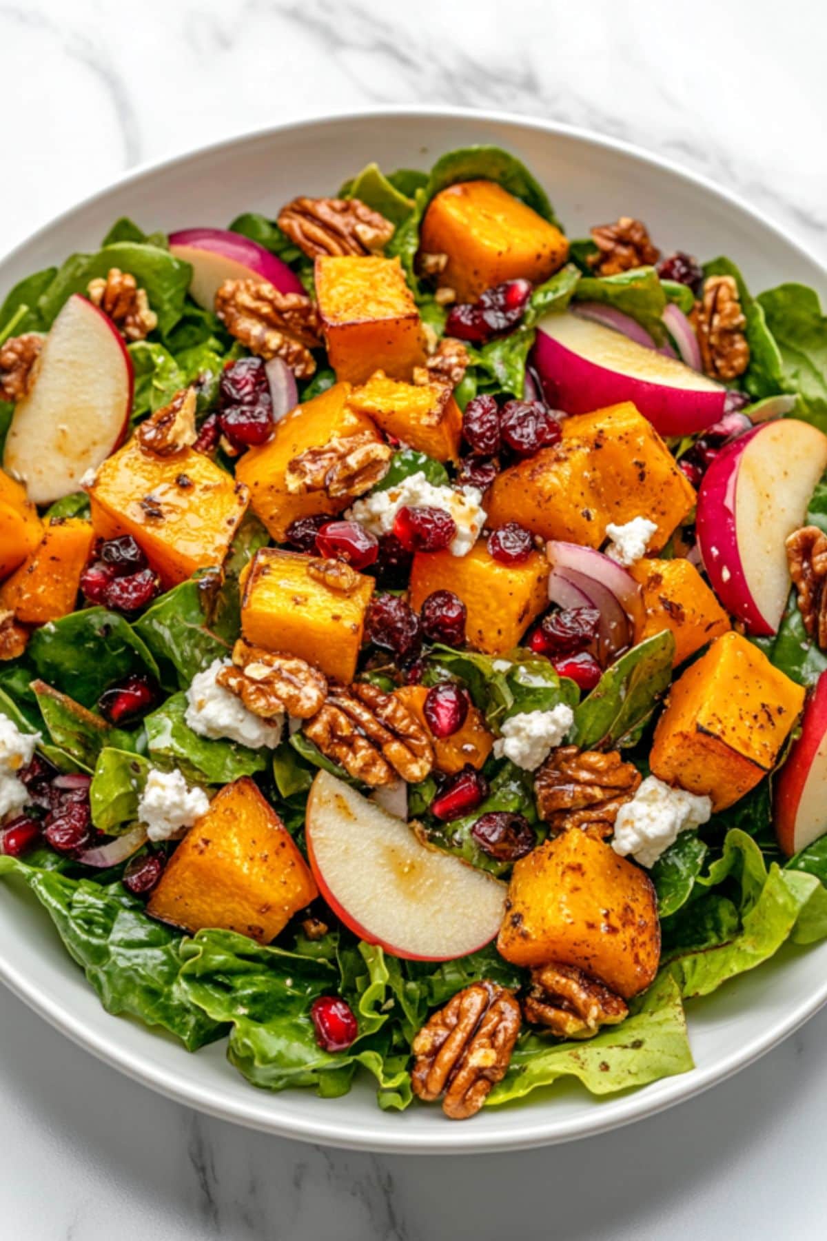 Harvest salad made with sliced apples, roasted butternut squash, red onions, mixed greens, dried cranberries and walnuts with crumbled goat cheese served in a white bowl. 