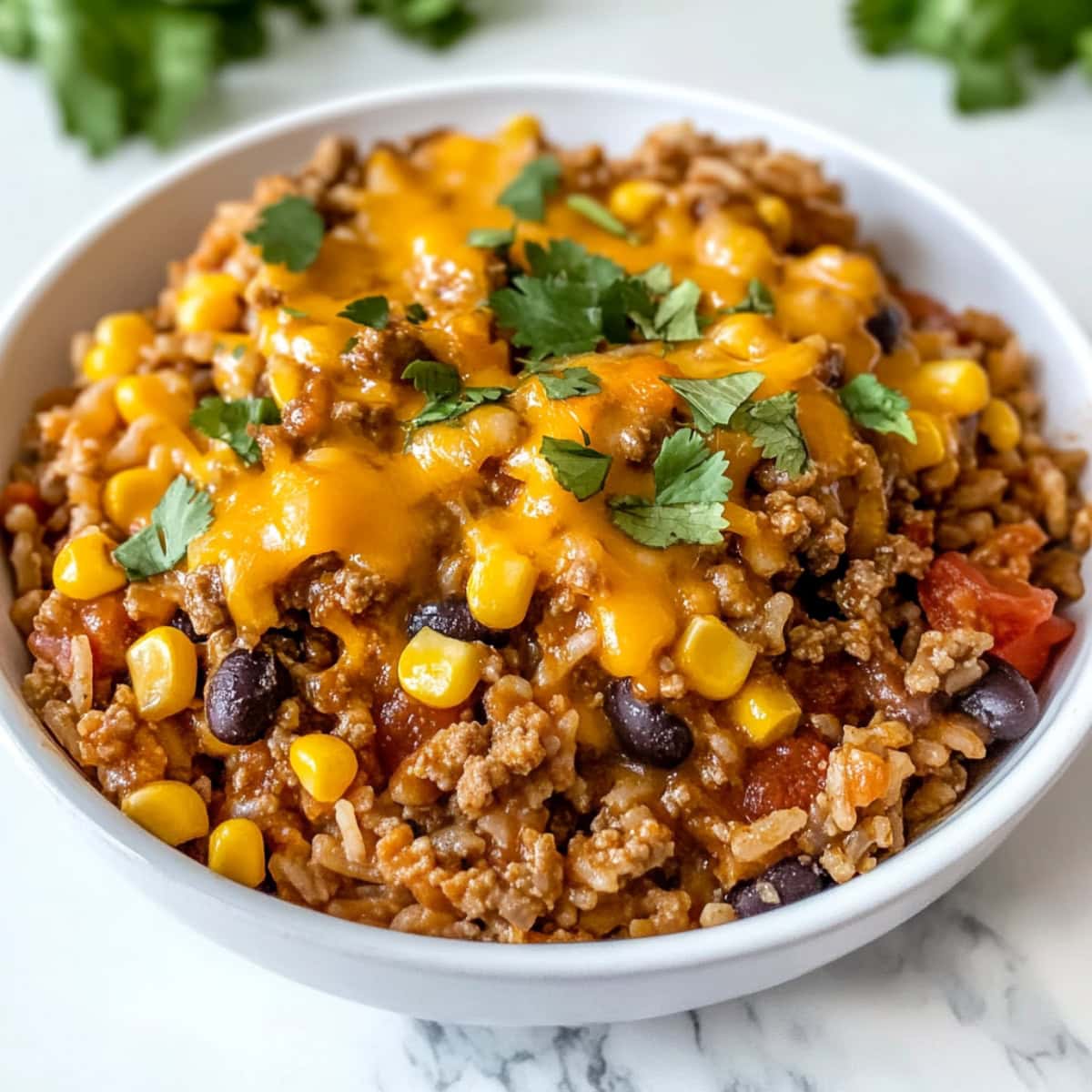 Hearty and cheesy Mexican beef and rice with black beans and corn.