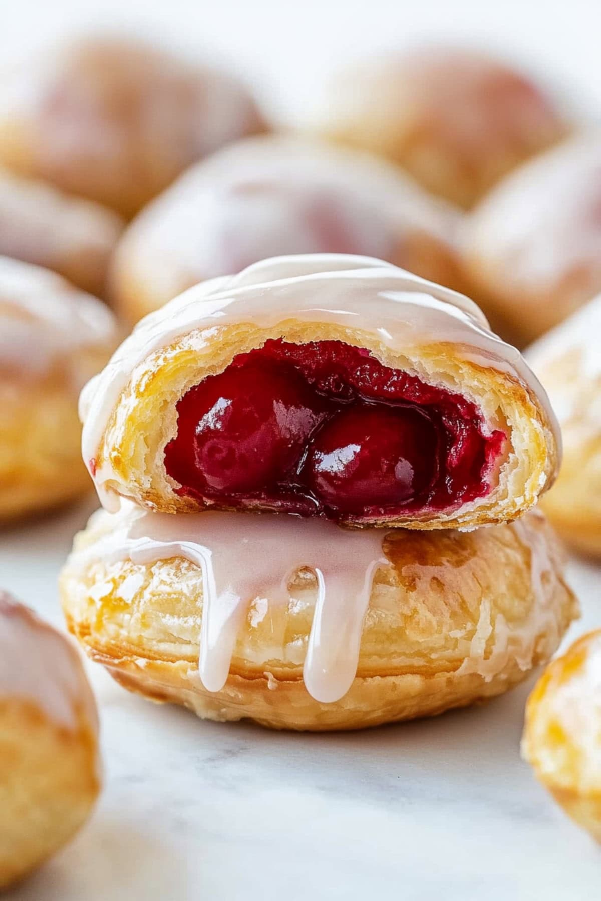 Freshly baked cherry pie bombs with vanilla glaze, side view