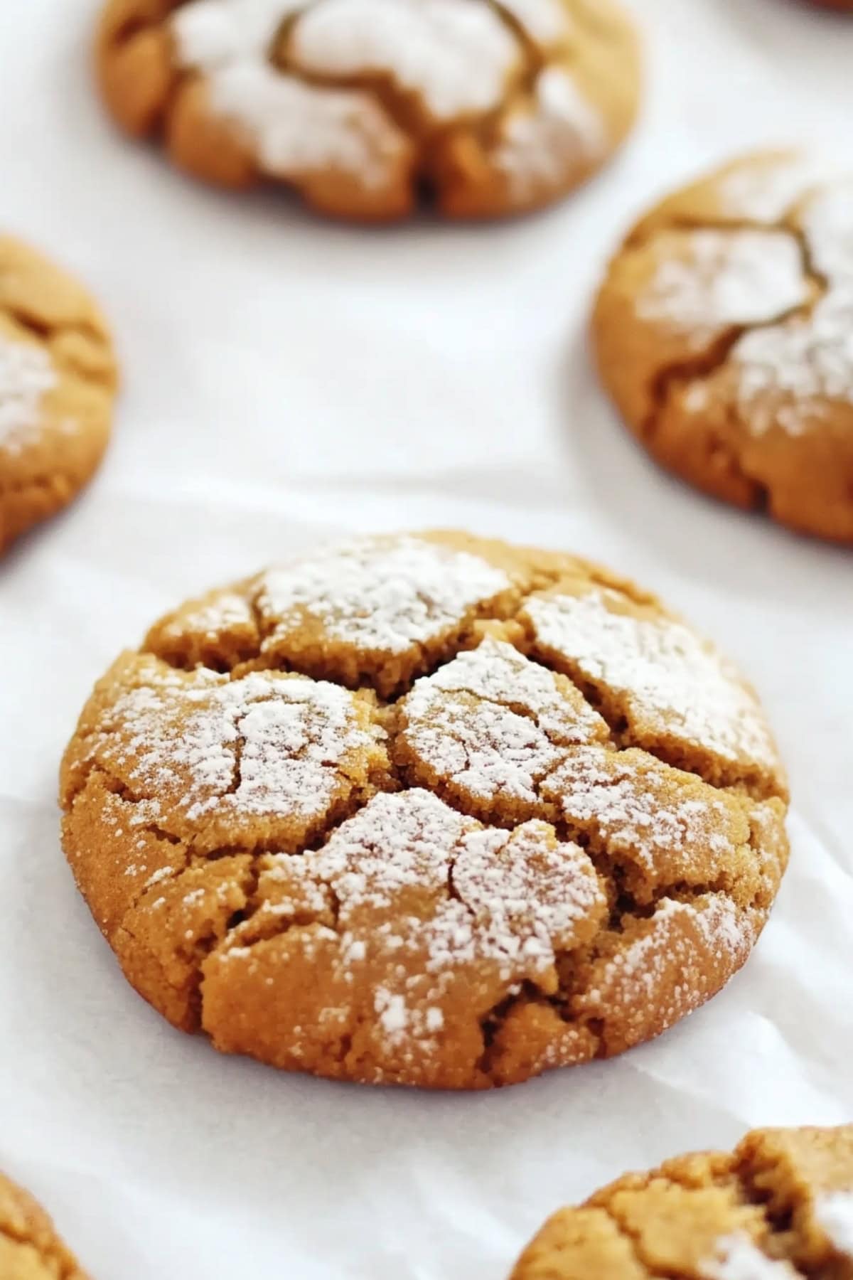 Gingerbread crinkle cookies with powdered sugar dusting on a parchment paper.