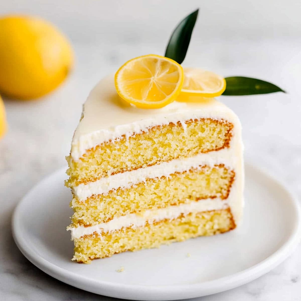 A slice of lemon velvet cake with smooth cream cheese frosting on a plate