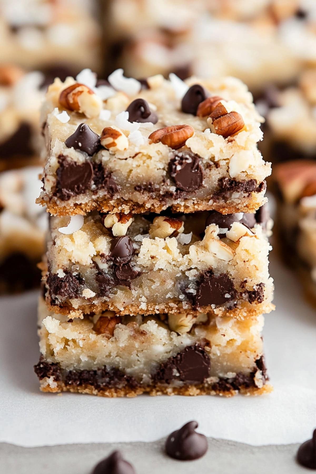 Homemade magic cookie bars with chocolate chips, chopped pecans, butterscotch chips and shredded coconut.