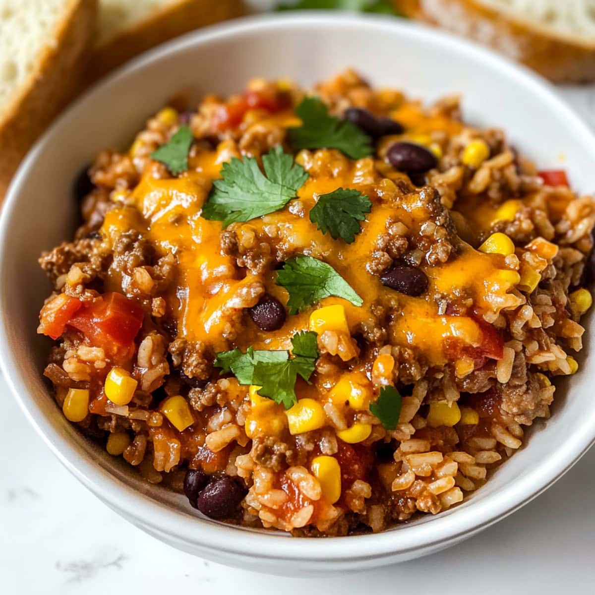 Cheesy beef and rice skillet with tomatoes, black beans and corn kernels, garnished with chopped cilantro.