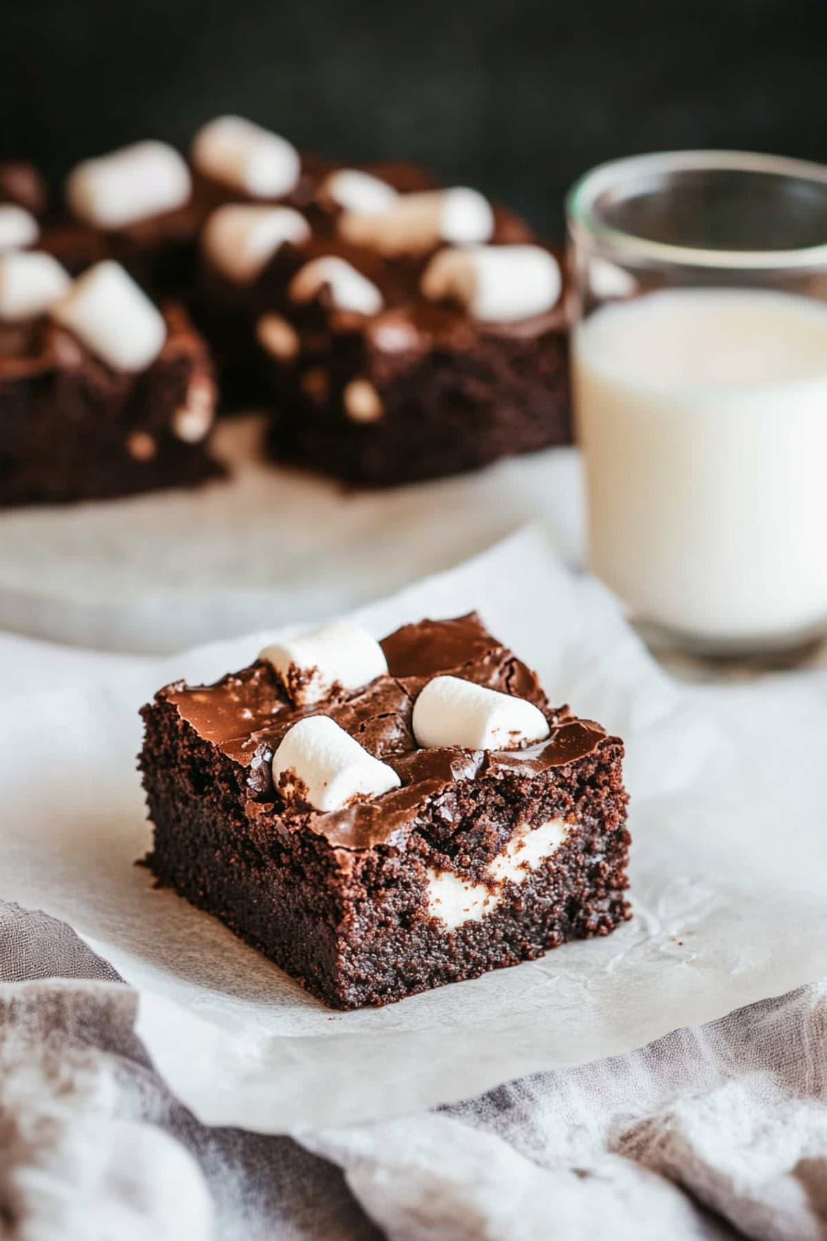 A fudgy brownie with marshmallows, served with a glass of milk.