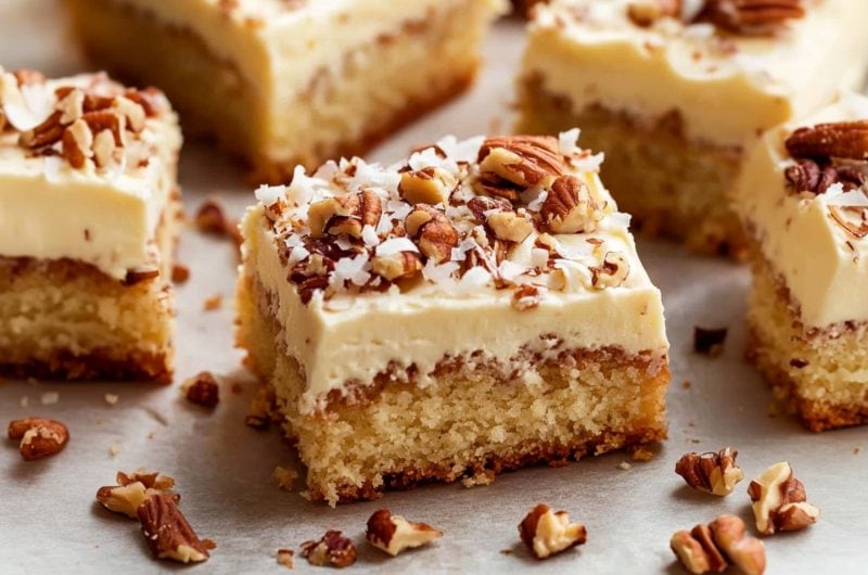 Square slices of Italian cream sheet cake garnished with shredded coconut and chopped pecans.