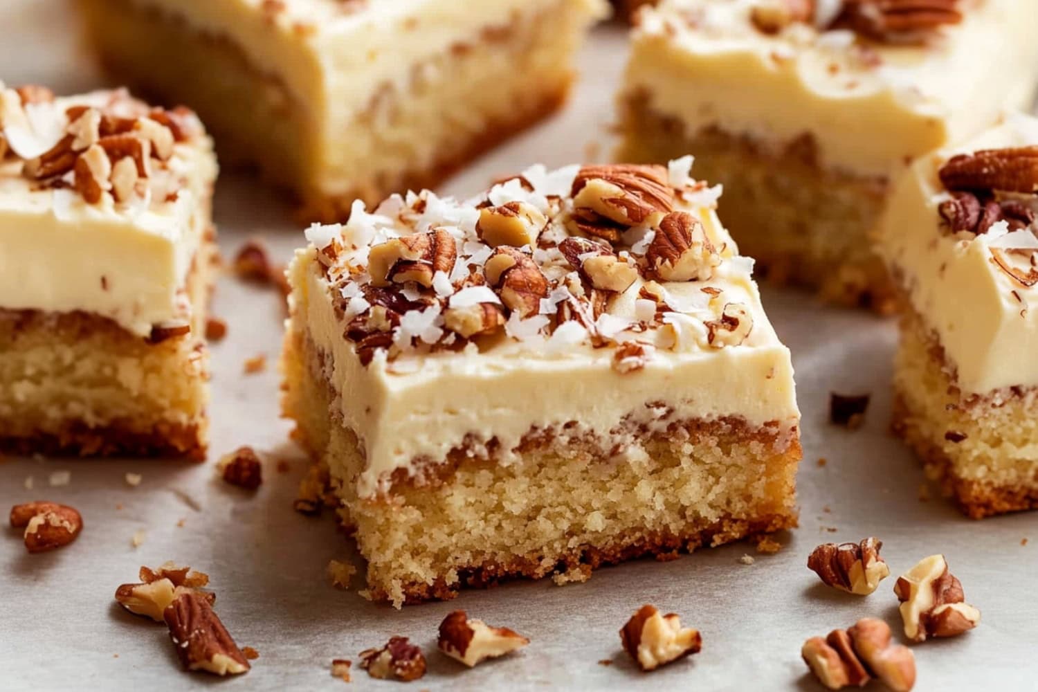 Square slices of Italian cream sheet cake garnished with shredded coconut and chopped pecans.