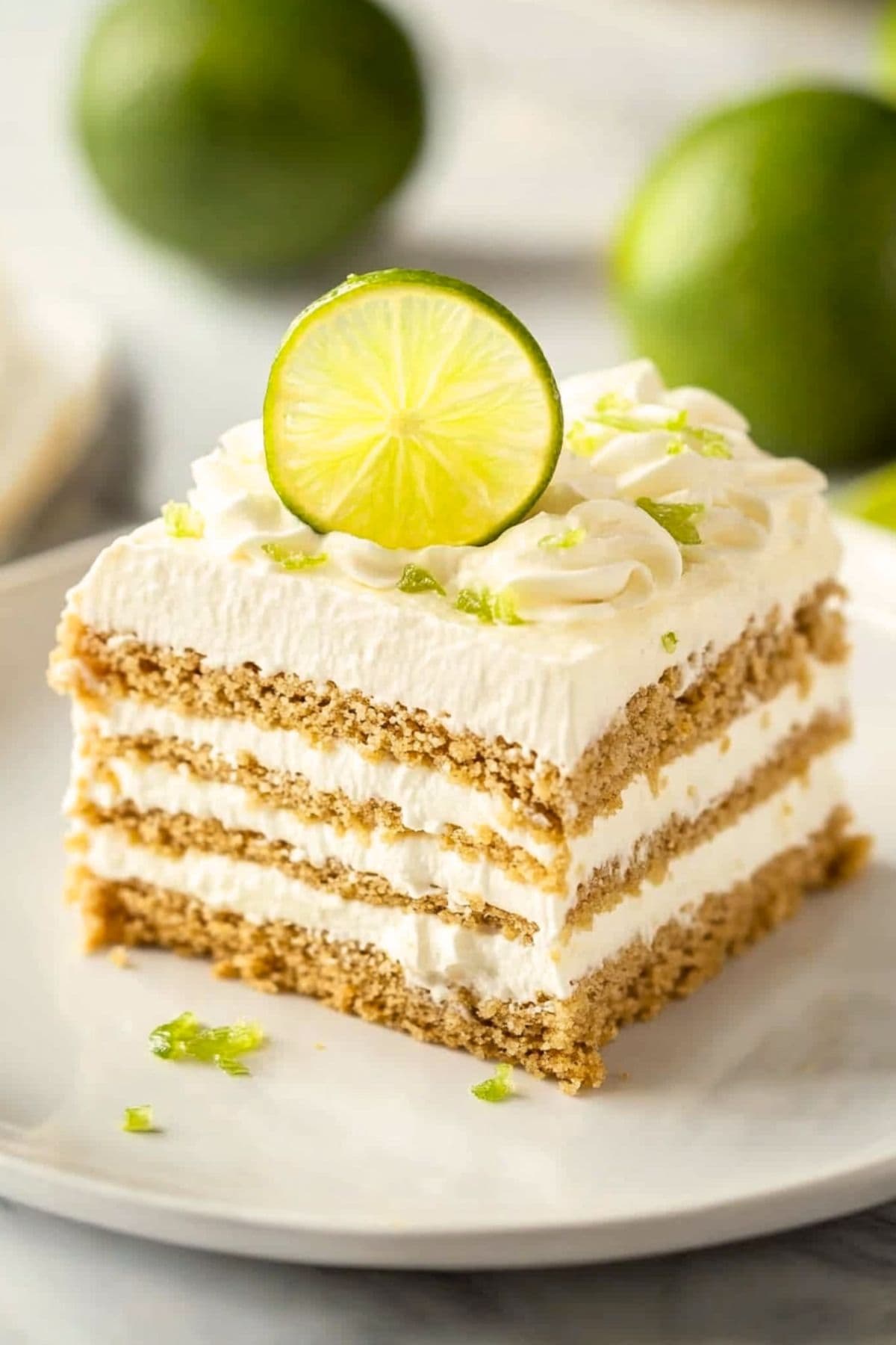 A square slice of key lime icebox cake with layers of crackers and cream filling topped with whipped cream garnished with lemon  zest and wheel.