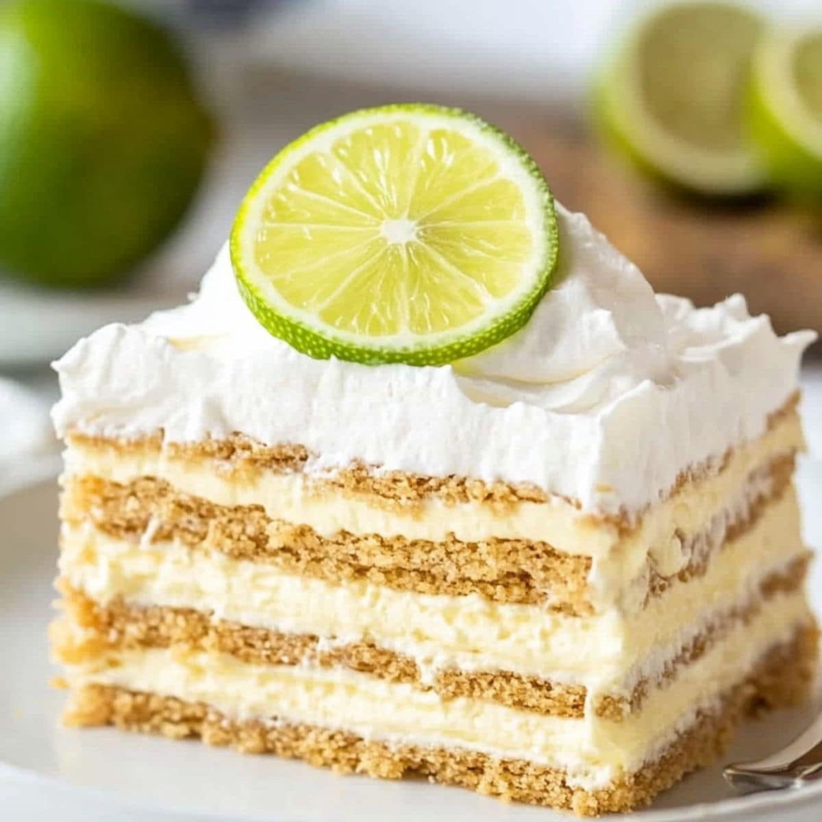 Key lime icebox cake square slice served in a white plate topped with whipped cream garnished with lemon wheel and zest. 