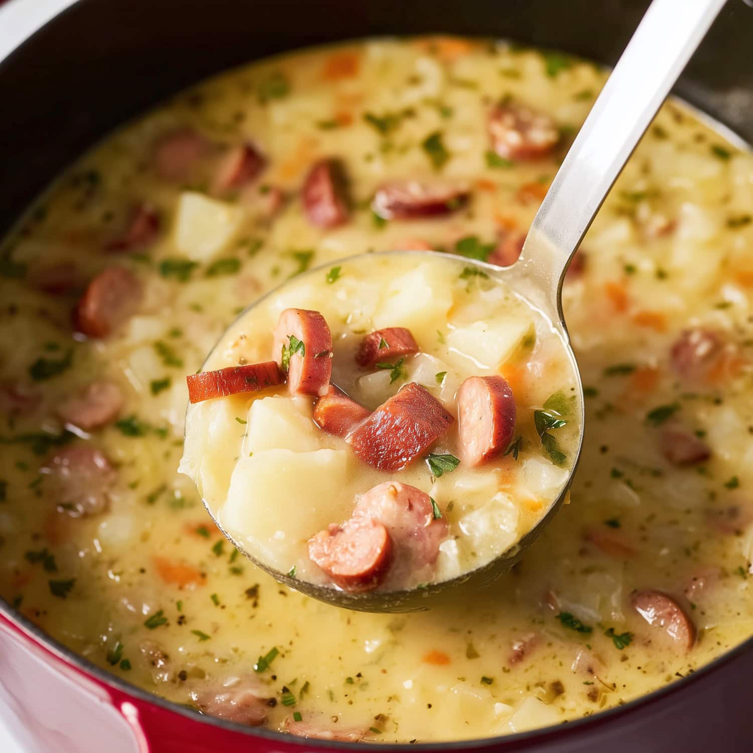 A laddle of Kielbasa potato soup with onions and carrots.