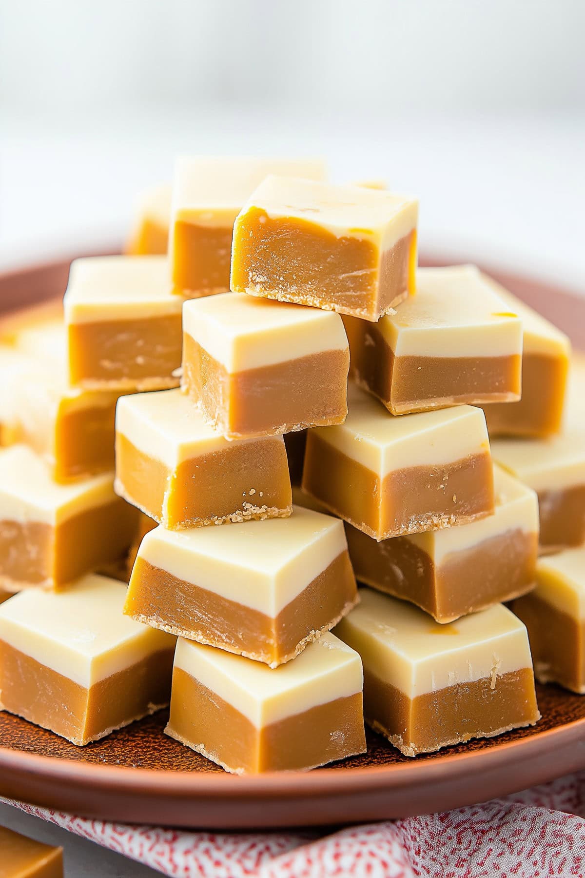 Layered Butterscotch and White Chocolate Fudge Stacked on A Plate