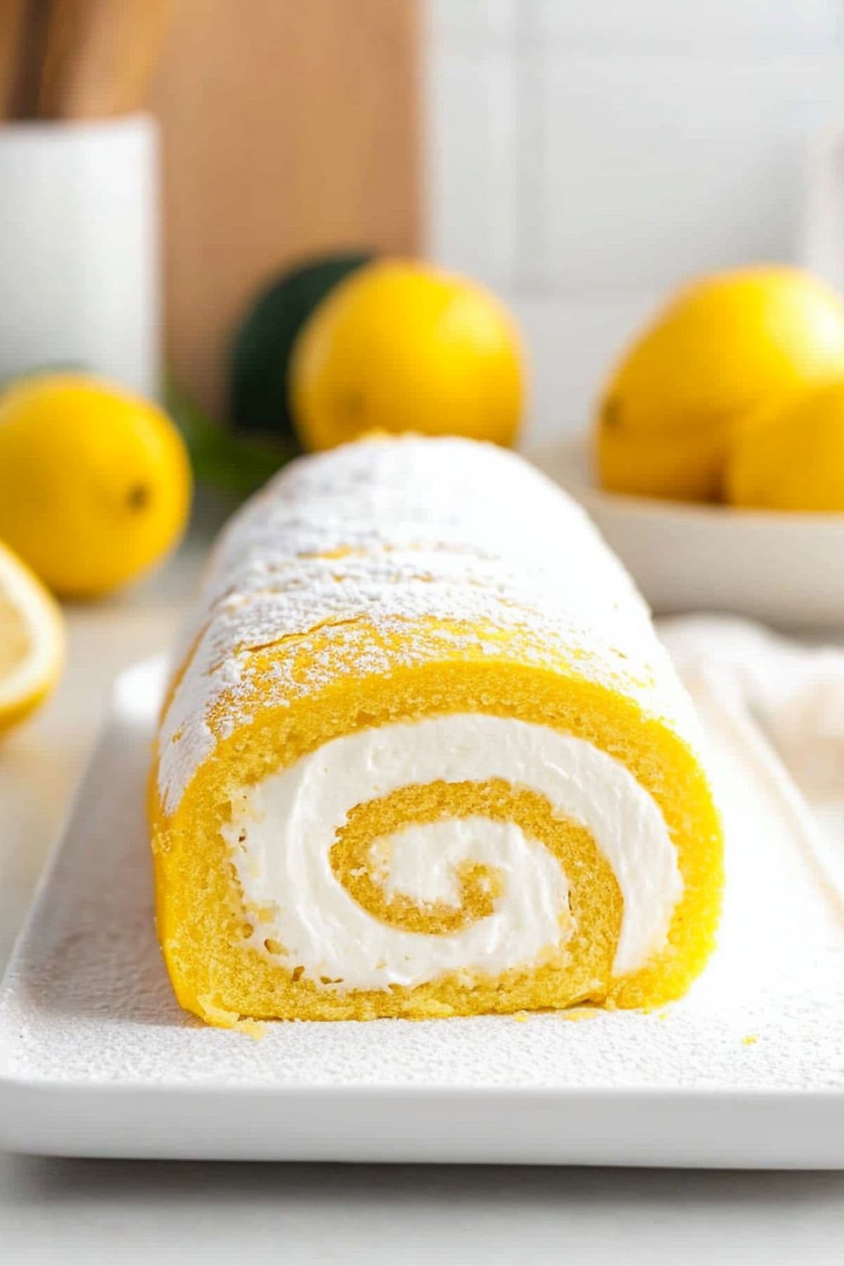 Lemon cake roll with cream cheese filling served in a rectangular plate.