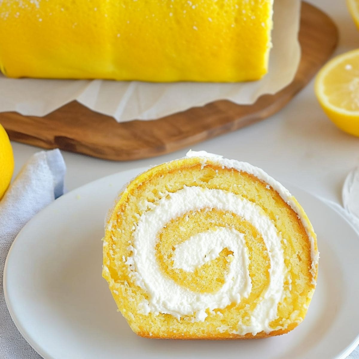 Slice of lemon cake roll in a white plate.