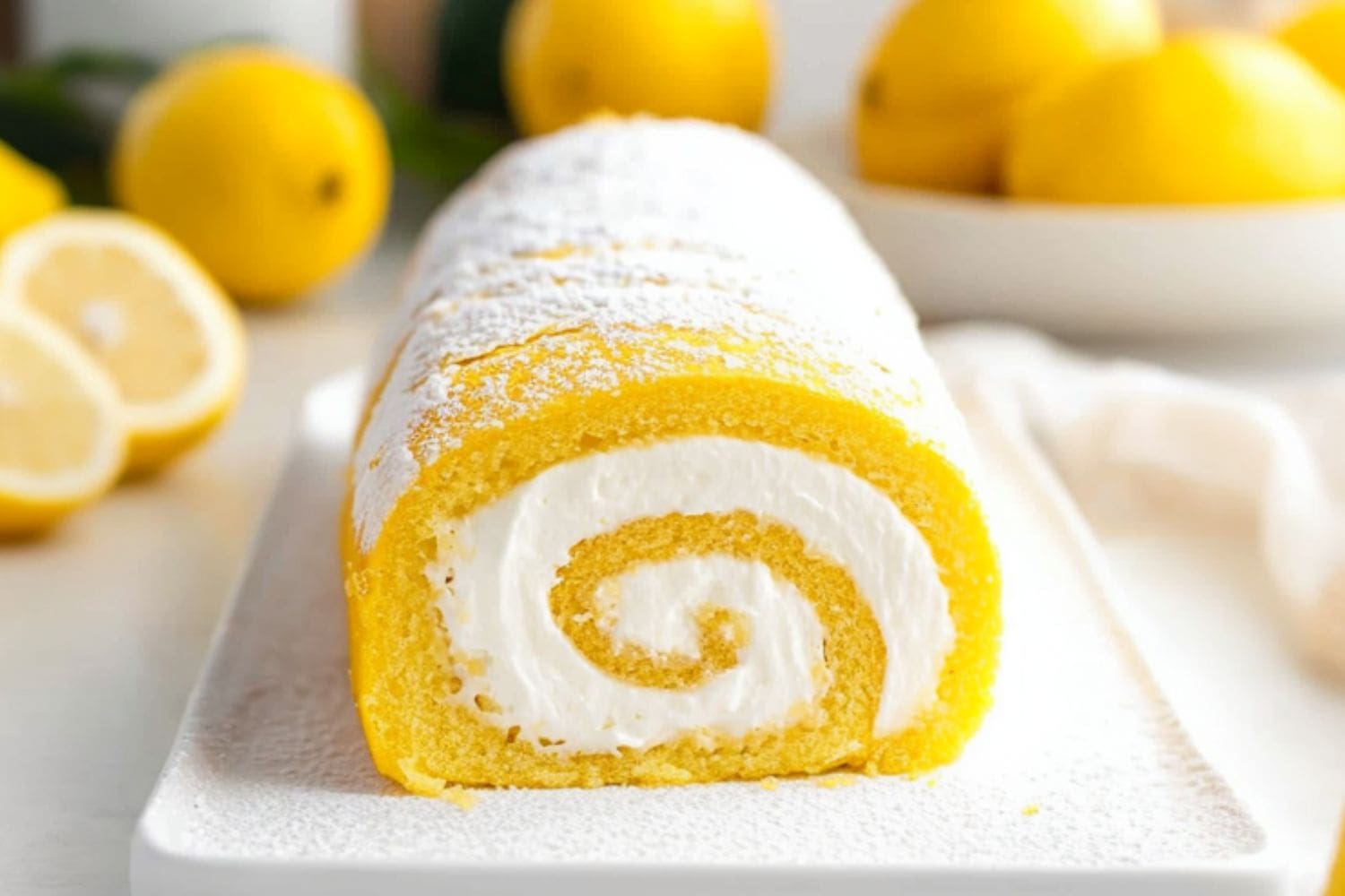 Lemon cake roll with cream cheese filling dusted with powdered sugar served in a plate.