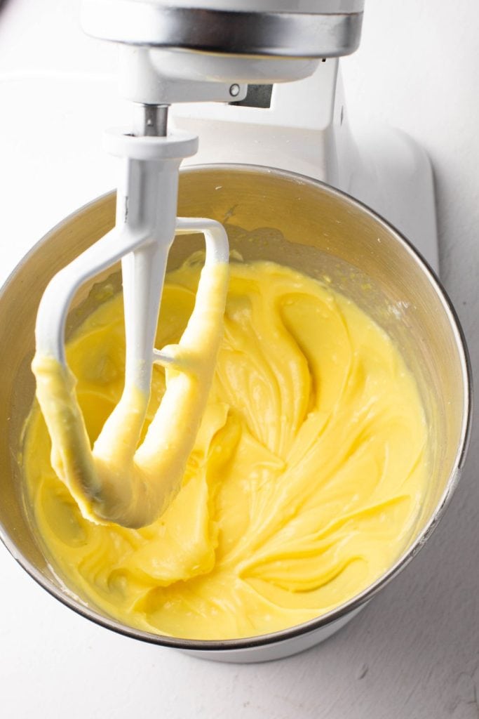 Whipped pudding in a mixing bowl.