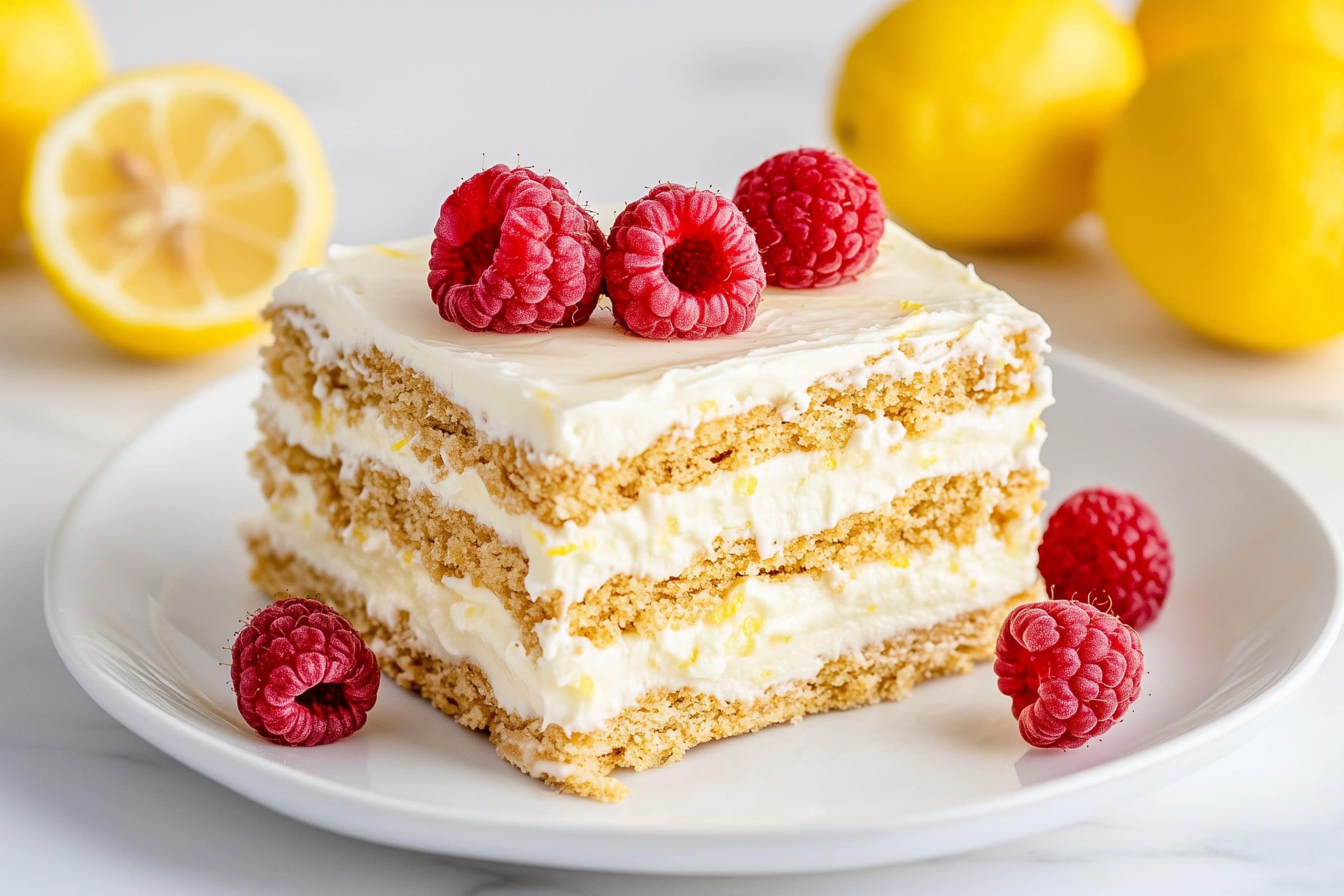 Lemon icebox cake with a thick layer of cream filling and topped with fresh raspberries.