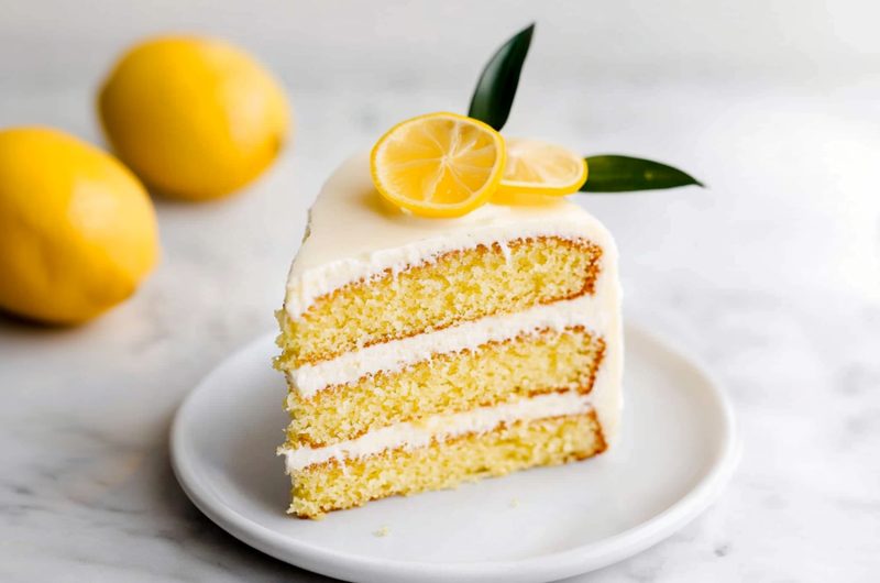 A single slice of lemon velvet cake on a plate with cream cheese frosting.