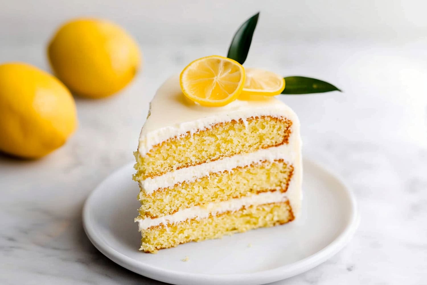 A single slice of lemon velvet cake on a plate with cream cheese frosting.