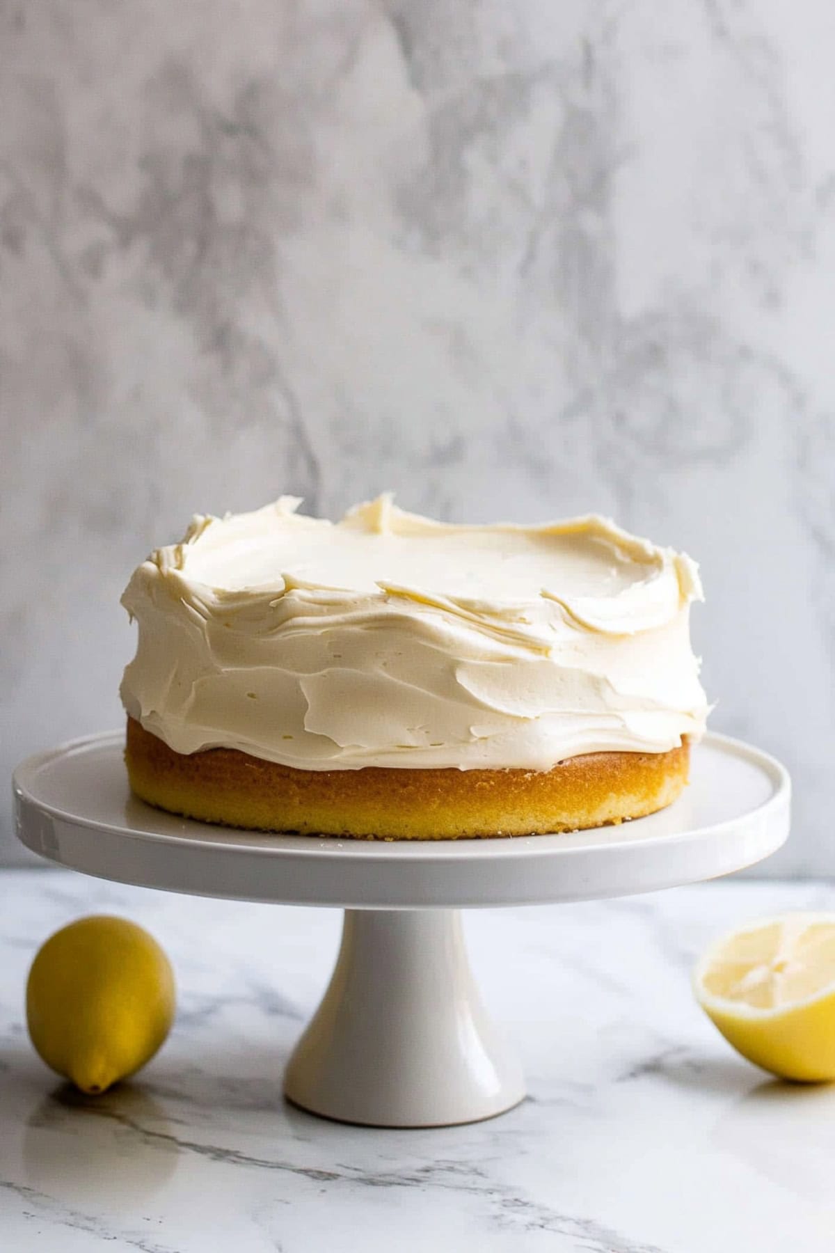 A whole lemon velvet cake with cream cheese frosting sitting on a kitchen stand.