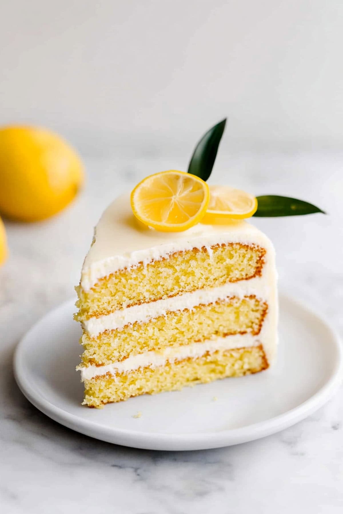 A slice of lemon velvet cake filled with cream cheese frosting on a plate.