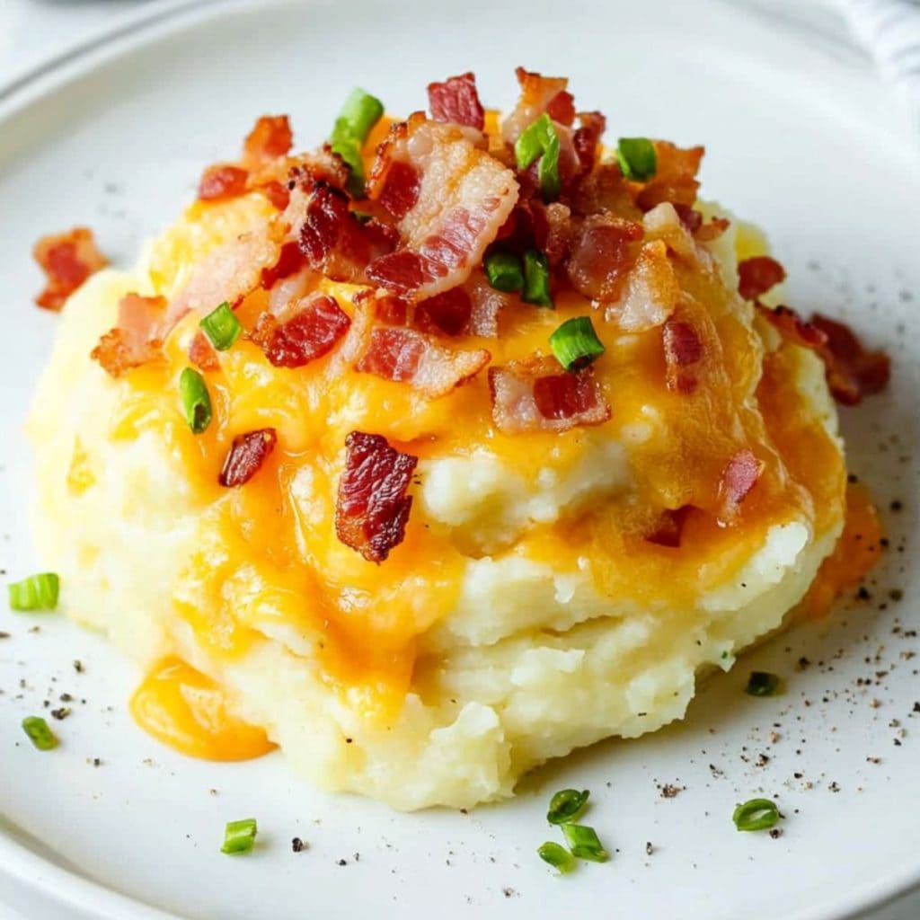 Serving of mashed potatoes topped with crumbled bacon and melted cheddar cheese served in a plate.